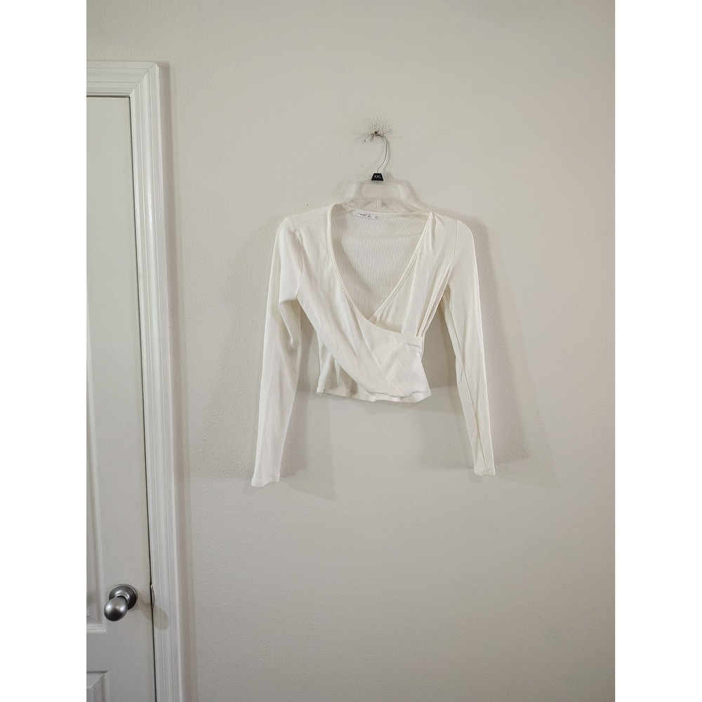 Timing Womens White Ribbed Long Sleeve Surplice Wrap V-Neck Cropped Top Size M